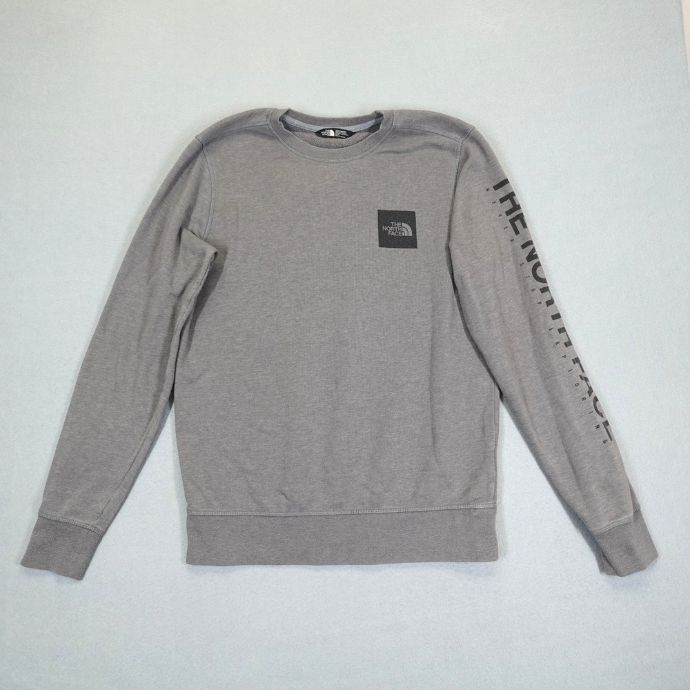 The North Face Sweatshirt Mens M Gray Box Logo Sleeve Graphic Pullover Fleece